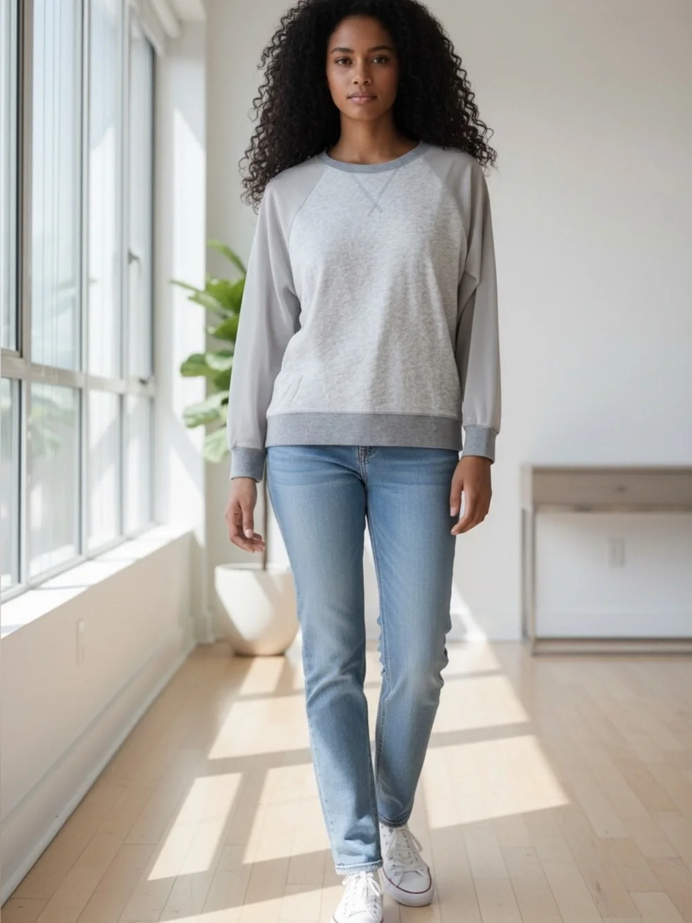 🩶J.Crew XS Gray Mixed Media Top Sheer Sleeve Pullover